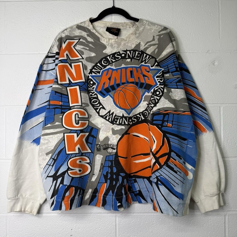 VTG 90s NBA NEW YORK KNICKS MAGIC JOHNSON Ts ALL OVER PRINT AOP CREWNECK SIZE XL